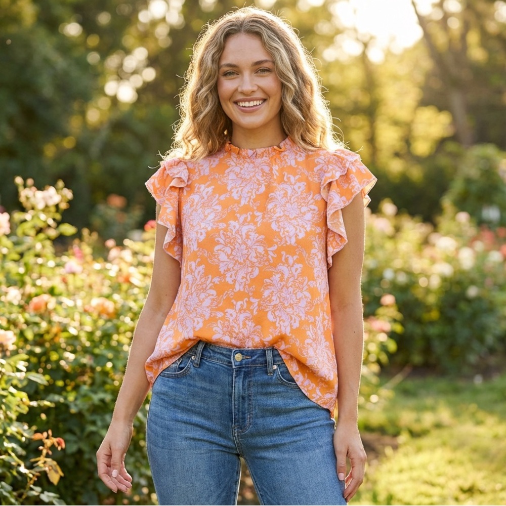 NWOT Haptics Flutter Sleeve Floral Blouse in Orange